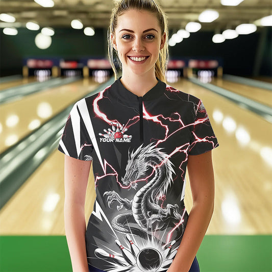 Custom Black And Red Thunder Lightning Dragon Bowling Team Quarter-Zip Shirts For Women IPHW8556