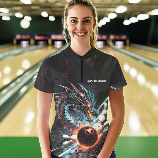 Custom Dragon Bowling Team Womens Quarter-Zip Shirts, Dragon Bowling League Shirt IPHW8559