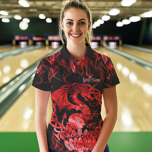 Custom Red Fire Flame Viking Dragon Bowling Women Polo Team Shirts, Celtic Bowling Shirts IPHW8873