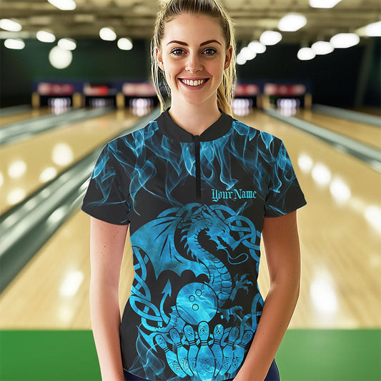 Custom Blue Fire Viking Dragon Bowling Women Quarter-Zip Team Shirts, Celtic Bowling Shirt IPHW8874