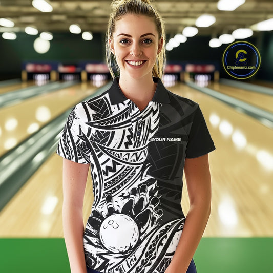 Custom Black And White Maori Style Koru Spiral Tribal Women Bowling Polo Team Shirt IPHW10955