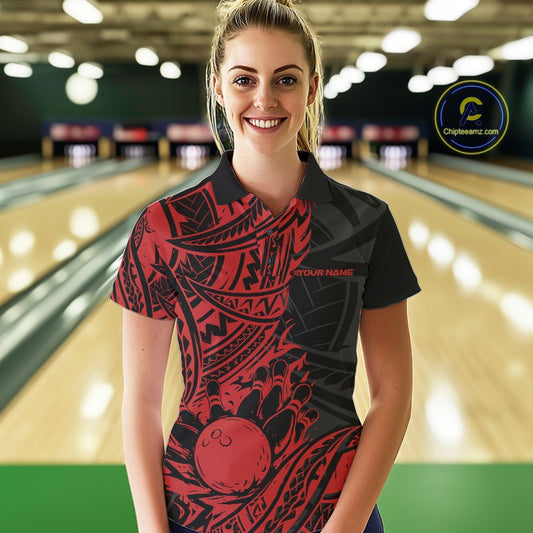 Custom Black And Red Maori Style Koru Spiral Tribal Women Bowling Polo Team Shirt IPHW10956