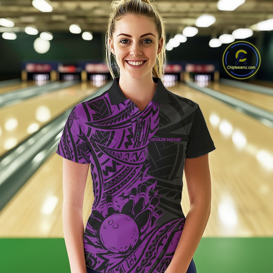 Custom Black And Purple Maori Style Koru Spiral Tribal Women Bowling Polo Team Shirt IPHW10959