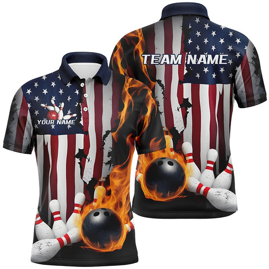 Flaming Bowling Ball Custom Patriotic Bowling Team Shirts For Men, US Flag Bowling League Shirt IPHW7726