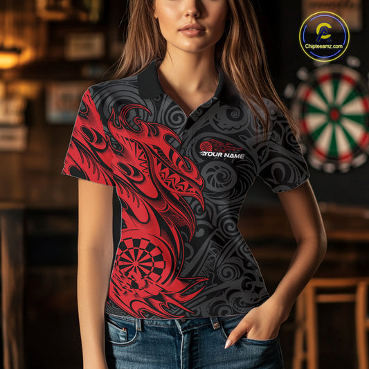 Custom Black And Red Tribal Polynesian Dart Team Women Shirts, Niho Mano Dart Shirt IPHW10760
