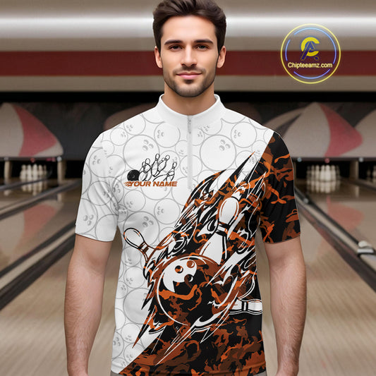 Male model wearing a white bowling quarter-zip shirt at the bowling lane with yellow camo bowling graphics and subtle ball patterns.