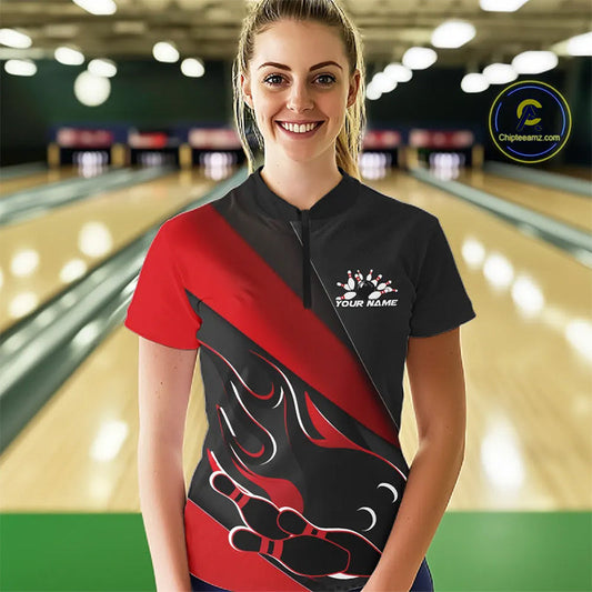 Custom Black And Red Flame Bowling Women Quarter-Zip Shirt, Team Bowling League Shirt IPHW10254