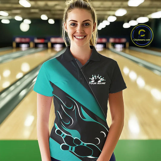 Custom Black And Turquoise Blue Flame Bowling Women Polo Shirt, Team Bowling League Shirt IPHW10255