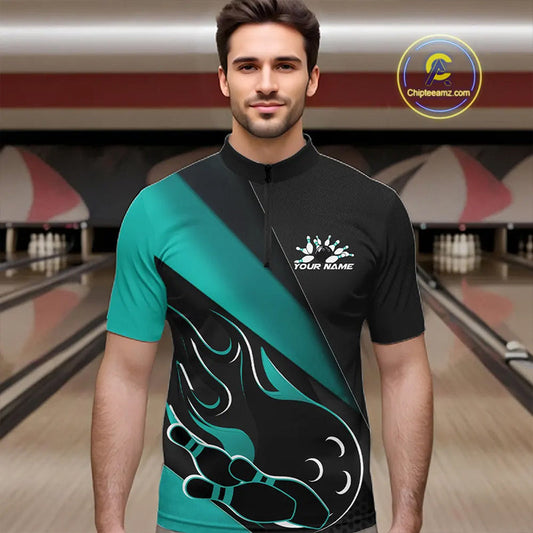 Custom Black And Turquoise Blue Flame Bowling Men Quarter-Zip Shirt, Team Bowling League Shirt IPHW10255