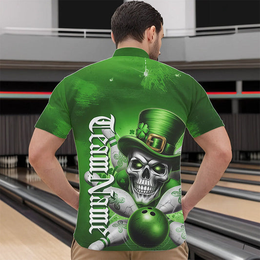 Custom Green Leprechaun Skull St Patricks Day Bowling Quarter-Zip Shirt For Men, Lucky Bowling Shirt IPHW8595
