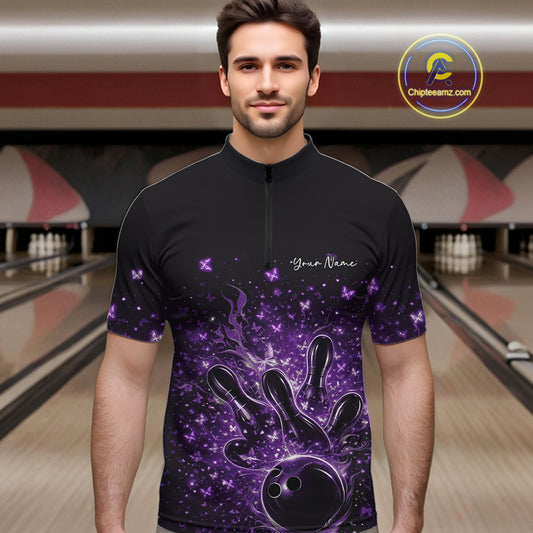 Male model in a black and purple bowling quarter-zip shirt at the lane with flames and butterfly accents.