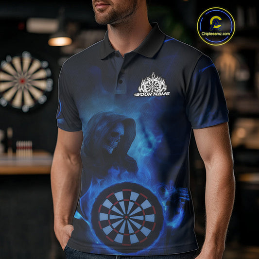 Custom Blue Flame Grim Reaper Skull Dart Men Polo Shirts, Halloween Dart Team Outfits IPHW10023