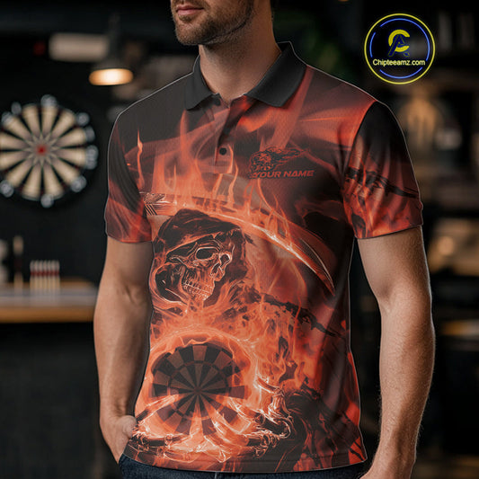 Custom Orange Flame Grim Reaper Halloween Dart Men Polo Shirts For Team, Dart Jerseys IPHW10031