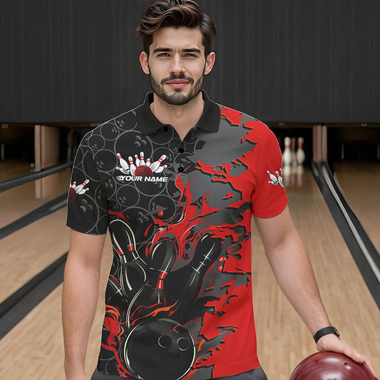 Custom Black And Red Flame Bowling Polo Shirts For Men, Bowling Tournament Team Uniform IPHW8616