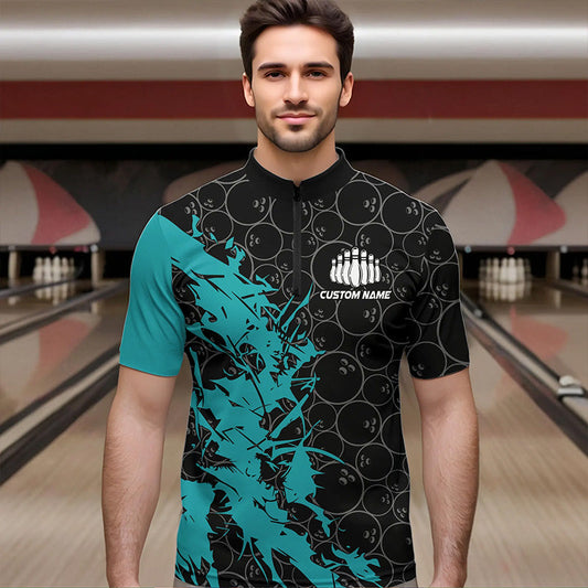 Black And Blue Custom Bowling Tournament Quarter-Zip Shirts For Men, Bowling Pattern Team Jerseys IPHW8420
