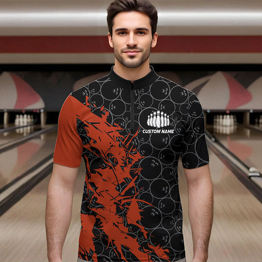 Black And Orange Custom Bowling Tournament Quarter-Zip Shirts For Men, Bowling Pattern Team Jerseys IPHW8421