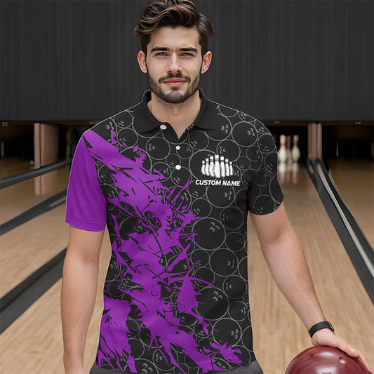 Black And Purple Custom Bowling Tournament Polo Shirts For Men, Bowling Pattern Team Jerseys IPHW8423