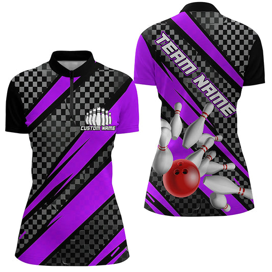 Splatter Pins Custom Bowling Team Shirts For Women, Bowling Tournament Shirt | Purple IPHW6473
