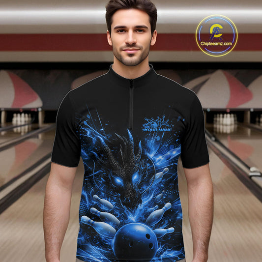 Custom Blue Fire Flame Dragon Bowling Jerseys. Dragon Bowling Men Quarter-Zip Shirt IPHW10282