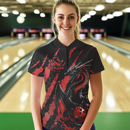 Custom Black And Red Dragon Bowling Team Womens Quarter-Zip Shirts, Dragon Bowling Jerseys IPHW8924