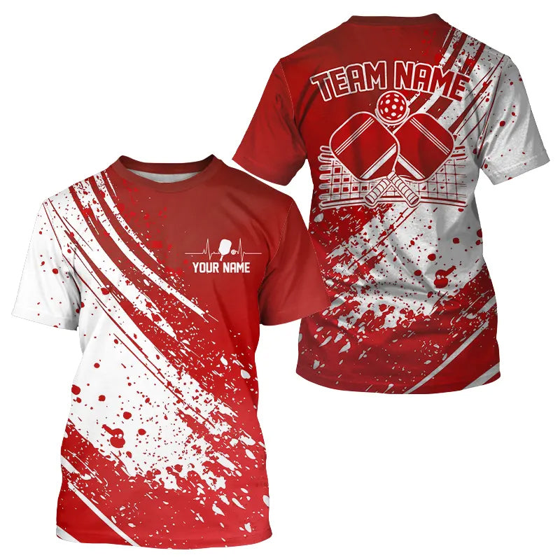Custom Red And White Pickleball T-Shirts For Men, Pickleball Heartbeat Pulse Line IPHW8201