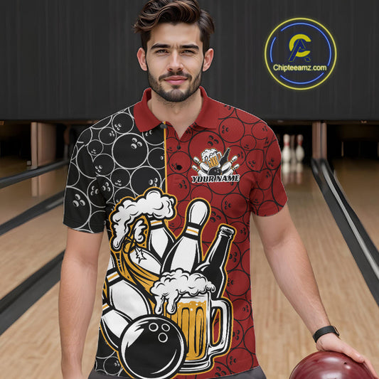 Custom Black And Red Retro Bowling Beer Team Shirts For Men, Bowling Pattern Jerseys IPHW10536