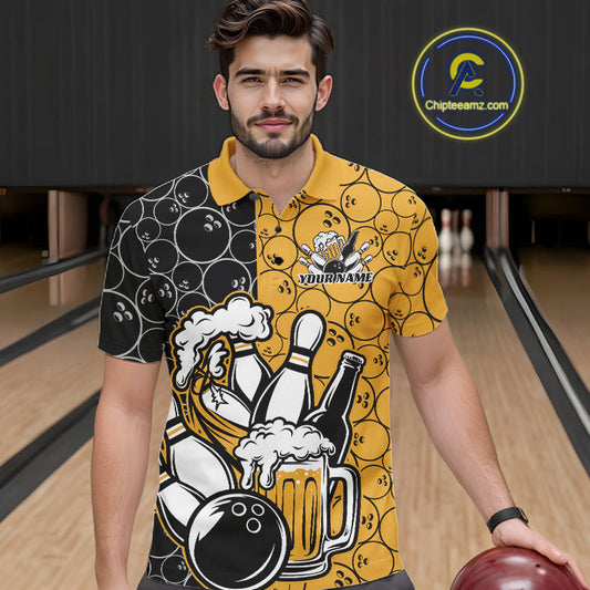 Custom Black And Yellow Retro Bowling Beer Team Shirts For Men, Bowling Pattern Jerseys IPHW10538