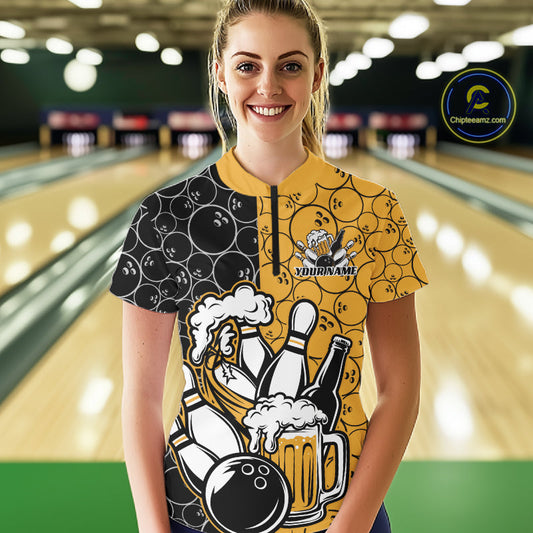 Custom Black And Yellow Retro Bowling Beer Team Shirts For Women, Bowling Pattern Jersey IPHW10538
