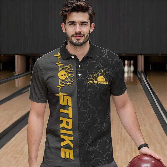 Custom Black And Gold Strike Bowling Polo Shirts For Men, Striking Team Bowling Jerseys IPHW8456