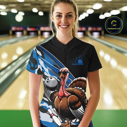 Custom Blue Camo Funny Turkey Bowling Team Shirt For Women, Turkey Bowling Jerseys IPHW10549