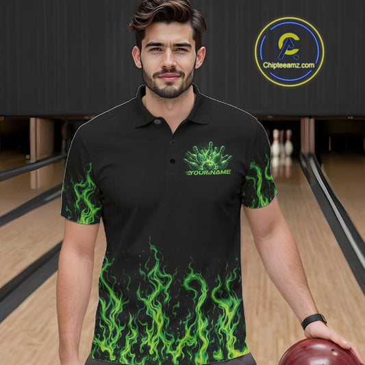 Custom Green Flame Skull Bowling Team Shirts For Men, Halloween Bowling Jerseys IPHW10552