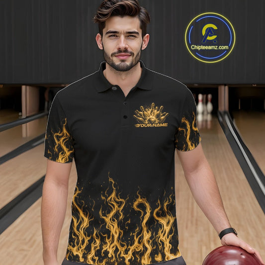 Custom Yellow Flame Skull Bowling Team Shirts For Men, Halloween Bowling Jerseys IPHW10554