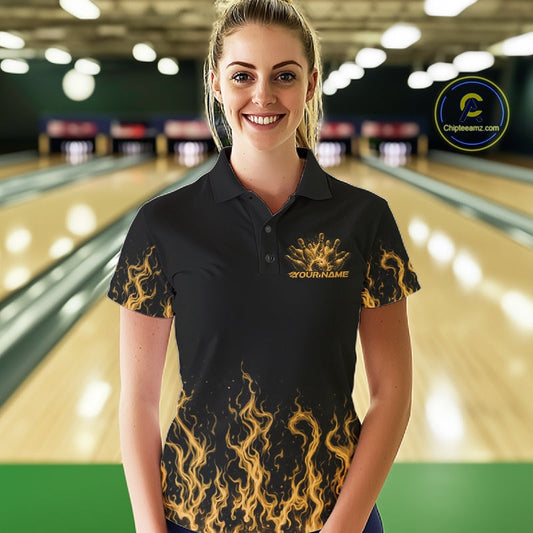 Custom Yellow Flame Skull Bowling Team Shirts For Women, Halloween Bowling Jerseys IPHW10554