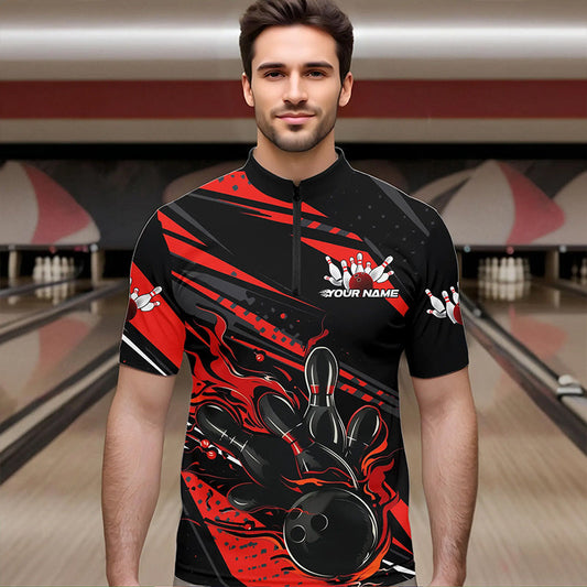 Custom Black And Red Flame Men Bowling Quarter-Zip Shirts, Fire Bowling Ball Bowling Team Shirt IPHW8697