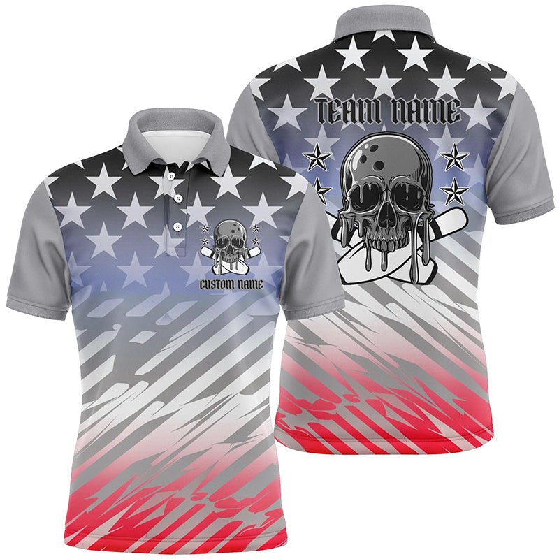 Custom American Flag Skull Bowling Shirts For Men And Women, Patriotic Team Bowling Jerseys IPHW6193