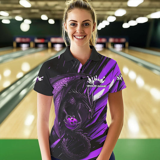 Black And Purple Custom Dragon Bowling Team Polo Shirts For Women, Bowling League Shirt IPHW8966