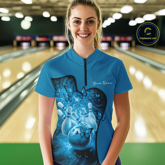 Custom Blue Butterfly Bowling Women Team Quarter-Zip Shirt, Ladies Bowlers Outfit IPHW11358