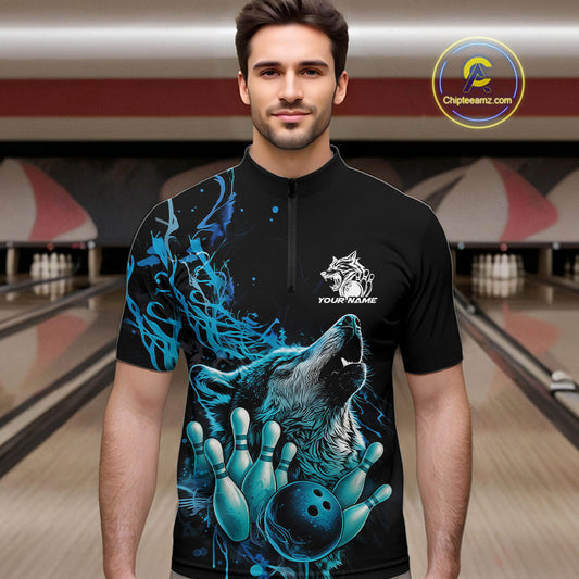 Custom Blue Wolf Howling Men Quarter-Zip Shirt, Wolf Bowling Team Jerseys IPHW10158