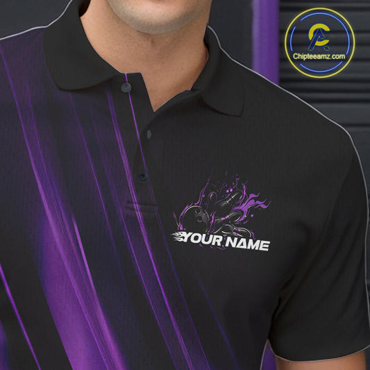 Custom Black And Purple Gradient Flame Bowling Team Jerseys, Fire Bowling Shirt For Men IPHW10572