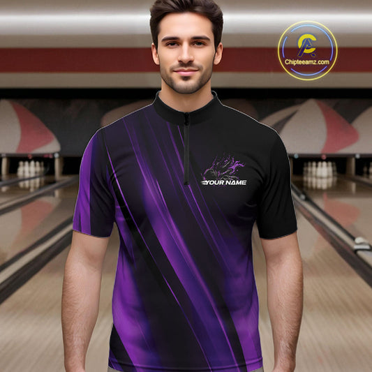 Custom Black And Purple Gradient Flame Bowling Team Jerseys, Fire Bowling Shirt For Men IPHW10572