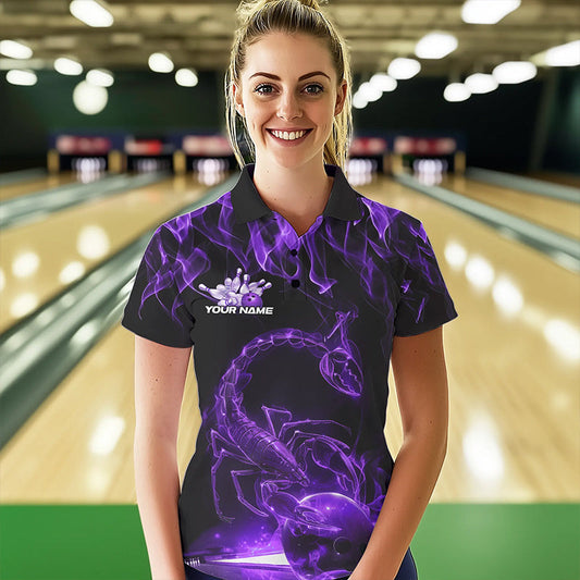 Custom Black Purple Flame Scorpio Zodiac Bowling Women Polo Shirts, Scorpion Bowling Team IPHW8971