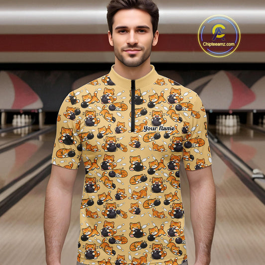 Custom Cute Ginger Tabby Cat Bowling Men Quarter-Zip Shirts, Cat Bowling Team Shirt IPHW10306