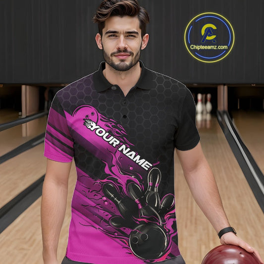 Custom Black And Pink Flame Bowling Team Shirts, Bowling League Shirt Men Bowling Jersey IPHW10576
