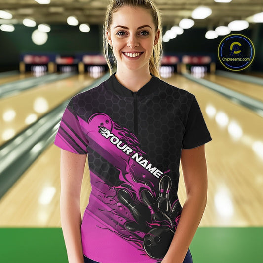 Custom Black And Pink Flame Bowling Team Shirts, Bowling League Shirt Women Jersey IPHW10576