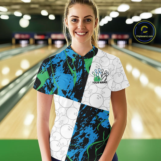 Custom Blue And Green Camo Bowling Team Shirts For Women, Camouflage Bowler Outfit IPHW10607