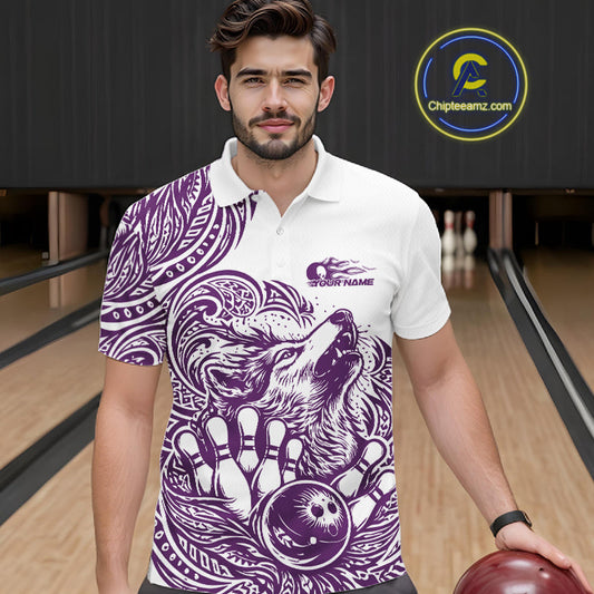 Custom Purple Tribal Pattern Maori Style Wolf Bowling Team Men Polo Shirts IPHW10331