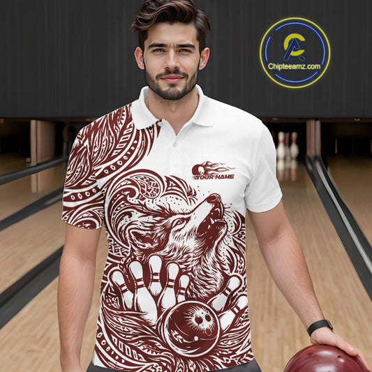 Custom Burgundy Tribal Pattern Maori Style Wolf Bowling Team Men Polo Shirts IPHW10332