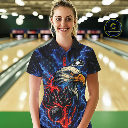 Custom Red And Blue Lightning Flame Eagle Women Bowling Shirt, Patriotic US Team Shirt IPHW10171
