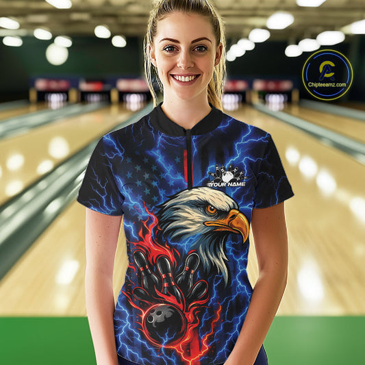 Custom Red And Blue Lightning Flame Eagle Women Bowling Shirt, Patriotic US Team Shirt IPHW10171