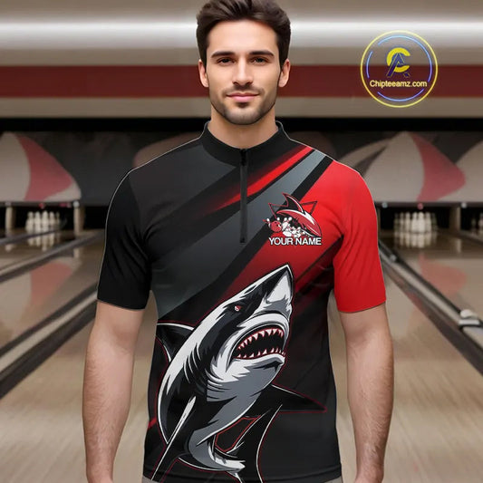 Custom Black And Red Shark Bowling Jerseys, Bowling Team Uniform Shark Men Quarter-Zip Shirts IPHW8999